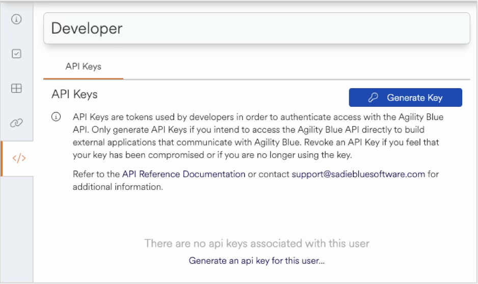 Instructions for generating API keys for Agility Blue API access and management.